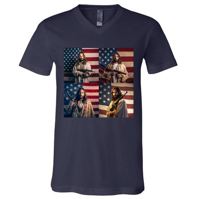 Jesus Christ Carrying Gun Defending America V-Neck T-Shirt