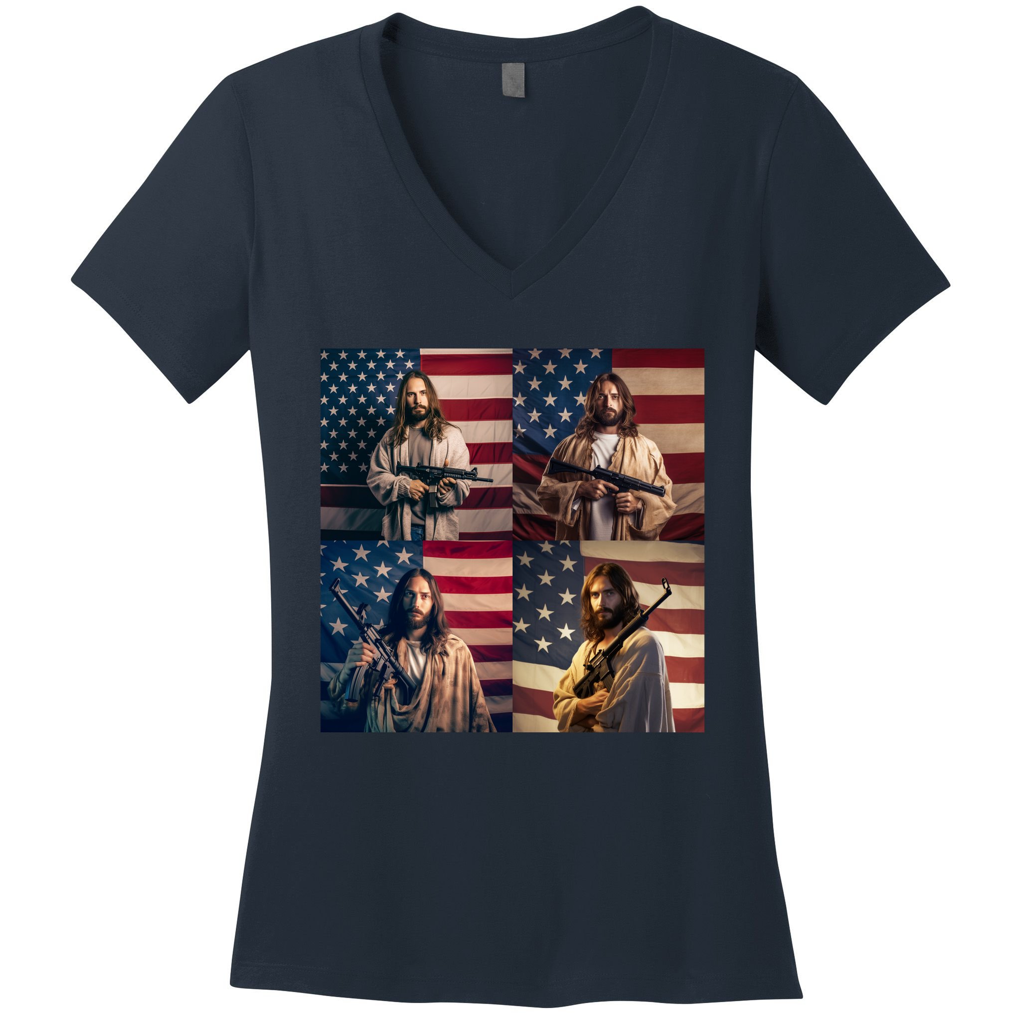 Jesus Christ Carrying Gun Defending America Women's V-Neck T-Shirt