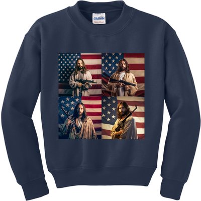 Jesus Christ Carrying Gun Defending America Kids Sweatshirt