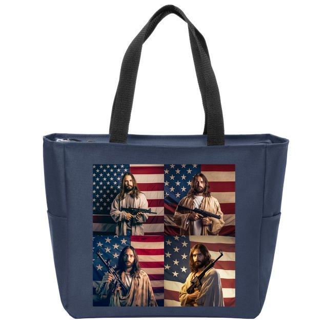 Jesus Christ Carrying Gun Defending America Zip Tote Bag