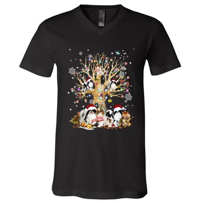 Japanese Chin Christmas Tree Lights Xmas Pajama Dog V-Neck T-Shirt