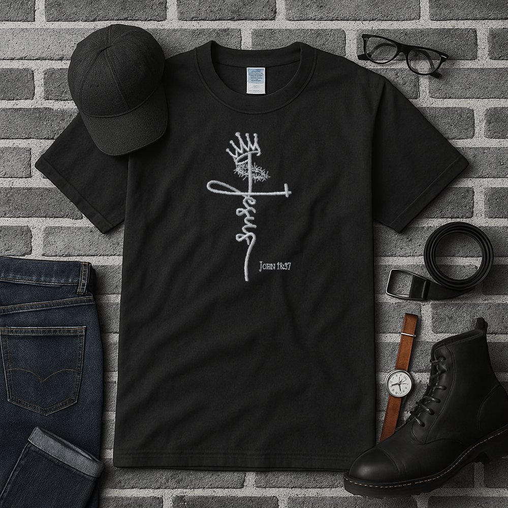 Jesus Cross Crown Of Thorns John 18:37 King Embroidered Embroidered Tall T-Shirt