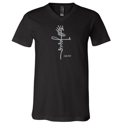Jesus Cross Crown Of Thorns John 18:37 King Embroidered Embroidered V-Neck T-Shirt