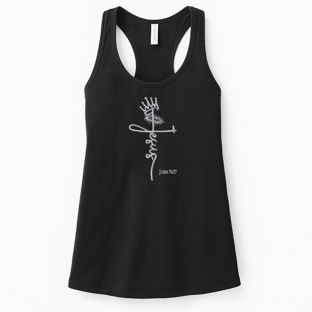 Jesus Cross Crown Of Thorns John 18:37 King Embroidered Embroidered Womens Tank Top
