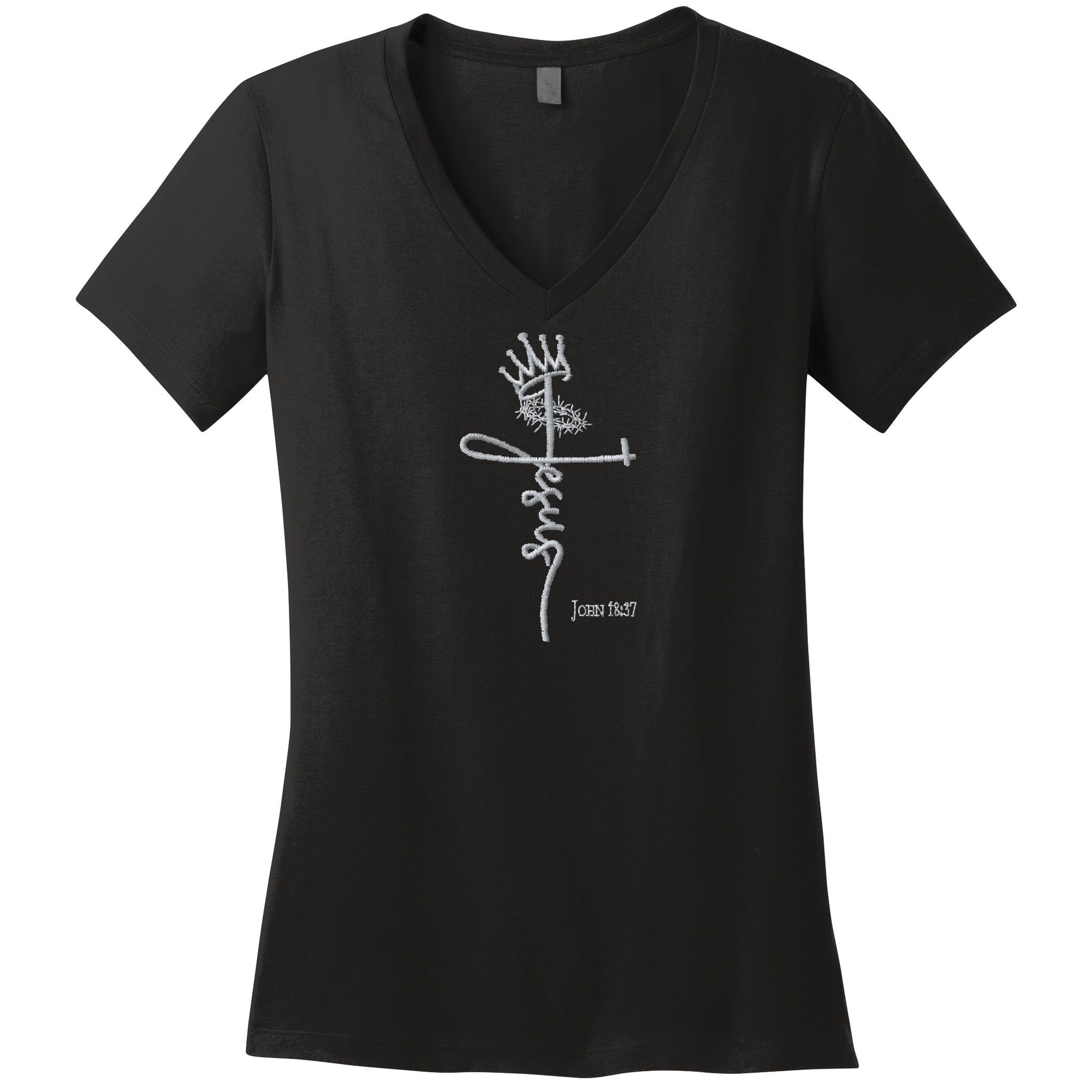 Jesus Cross Crown Of Thorns John 18:37 King Embroidered Embroidered Women's V-Neck T-Shirt