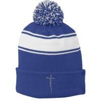 Jesus Christian Cross Art Cursive Inspiring Gift Stripe Pom Pom Beanie