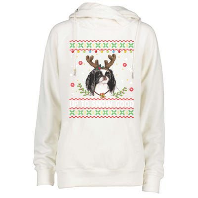 Japanese Chin Dog Reindeer Ugly Christmas Sweater Cool Gift Womens Funnel Neck Pullover Hood