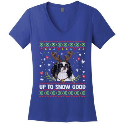 Japanese Chin Dog Reindeer Ugly Christmas Sweater Cool Gift Women's V-Neck T-Shirt