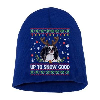 Japanese Chin Dog Reindeer Ugly Christmas Sweater Cool Gift Short Acrylic Beanie