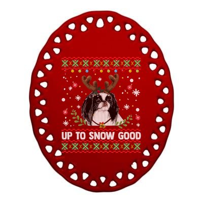 Japanese Chin Dog Reindeer Ugly Christmas Sweater Cool Gift Ceramic Oval Ornament