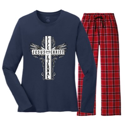 Jesus Cross Drawing Life Eternal Christian Quotes Bible Women's Long Sleeve Flannel Pajama Set 