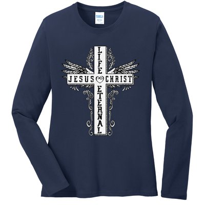 Jesus Cross Drawing Life Eternal Christian Quotes Bible Ladies Long Sleeve Shirt