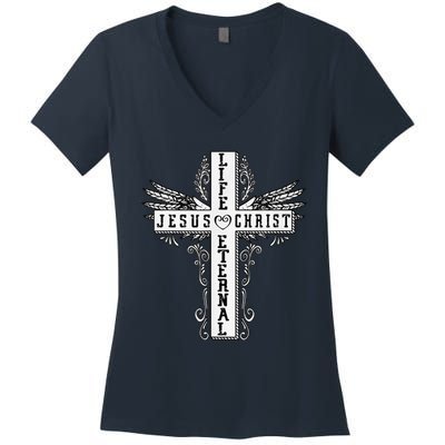 Jesus Cross Drawing Life Eternal Christian Quotes Bible Women's V-Neck T-Shirt