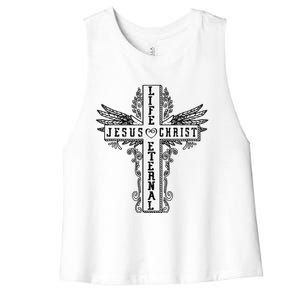 Jesus Cross Drawing Life Eternal Christian Quotes Bible Women's Racerback Cropped Tank