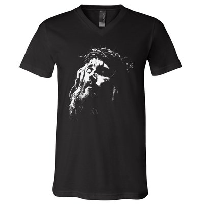 Jesus Christ Face Christian Gospel Religious Bible V-Neck T-Shirt