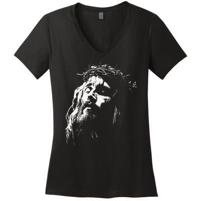 Jesus Christ Face Christian Gospel Religious Bible Women's V-Neck T-Shirt
