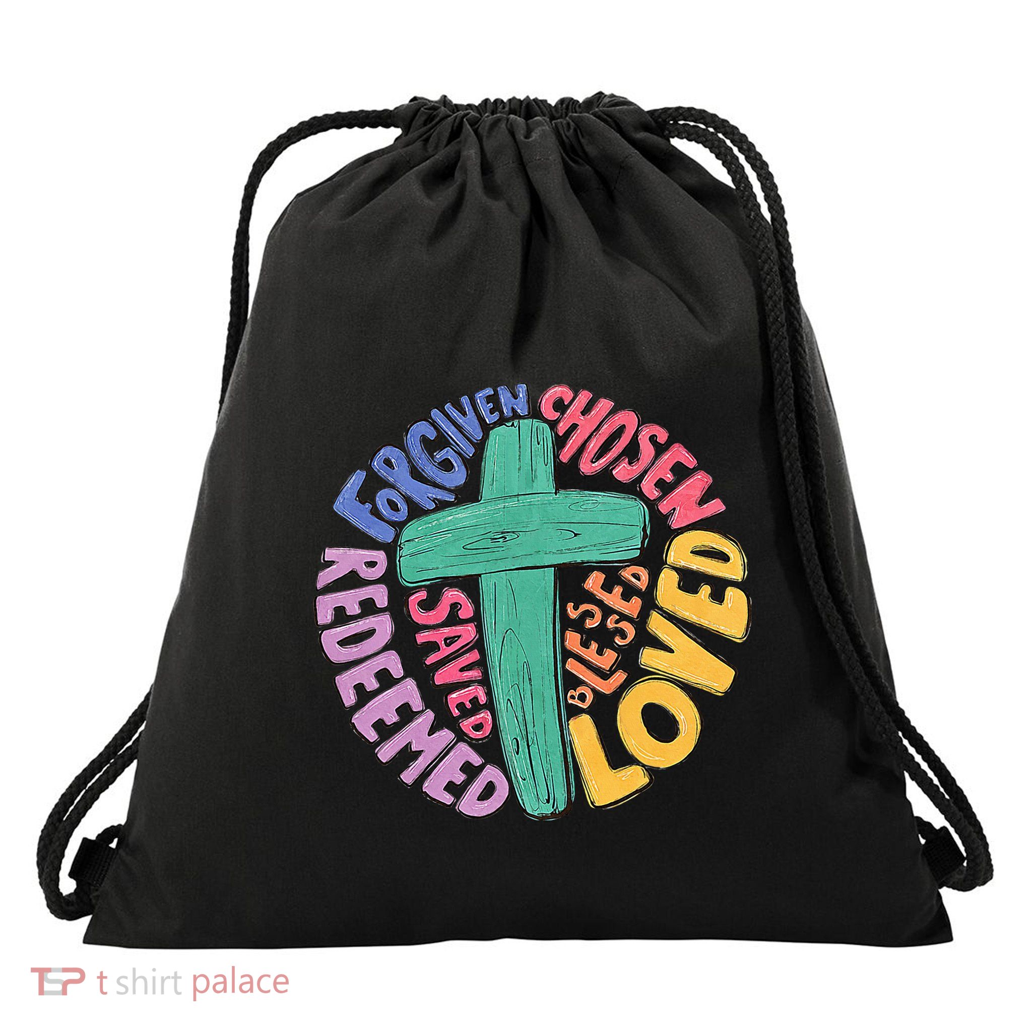 Jesus Cross Forgiven Chosen Loved Redeemed Christian Easter Drawstring Bag