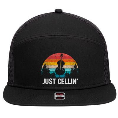 Just Cellin Funny Cello Cellist Orchestra Musician Retro 7 Panel Mesh Trucker Snapback Hat
