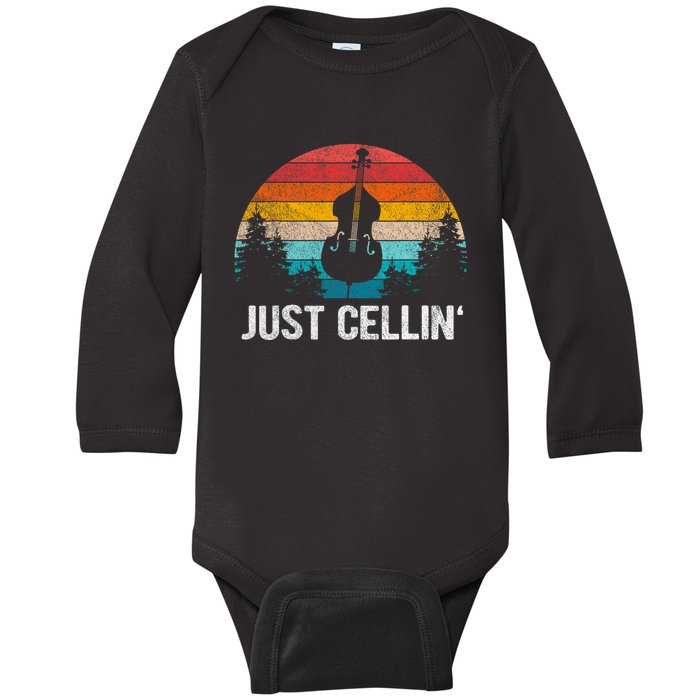 Just Cellin Funny Cello Cellist Orchestra Musician Retro Baby Long Sleeve Bodysuit