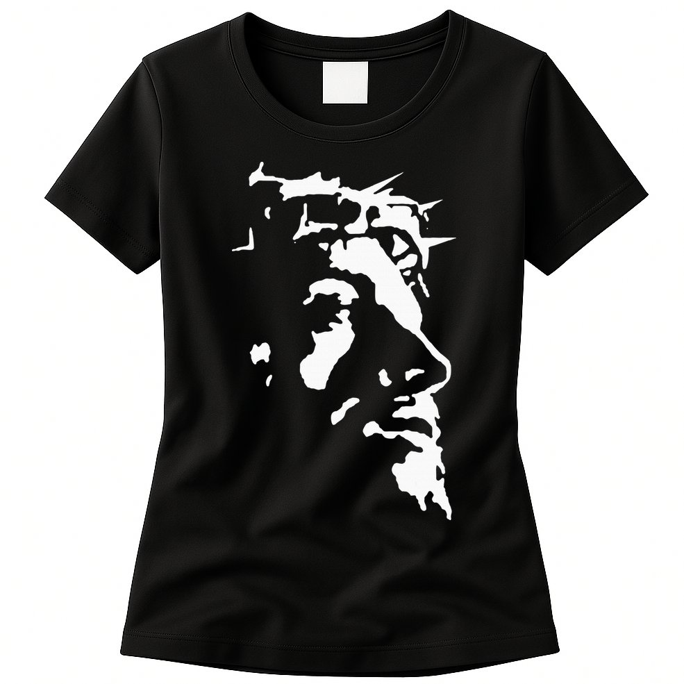 Jesus Christ Face With Crown Of Thorns God Bible Womens T-Shirt