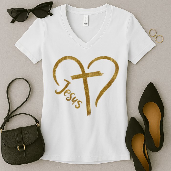 Jesus Cross Heart Christianity Women's V-Neck T-Shirt