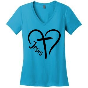 Jesus Cross Heart Women's V-Neck T-Shirt