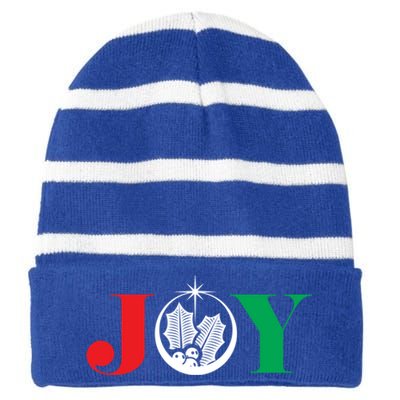 Joy Christmas Holiday Gift Mistletoe Holly Fun Xmas Star Cute Gift Striped Beanie with Solid Band