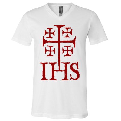 Jerusalem Cross Ihs Knights Templar V-Neck T-Shirt