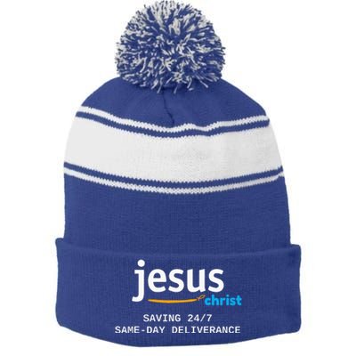 Jesus Christ Is Saving 247 Deliverance The Same Day Stripe Pom Pom Beanie