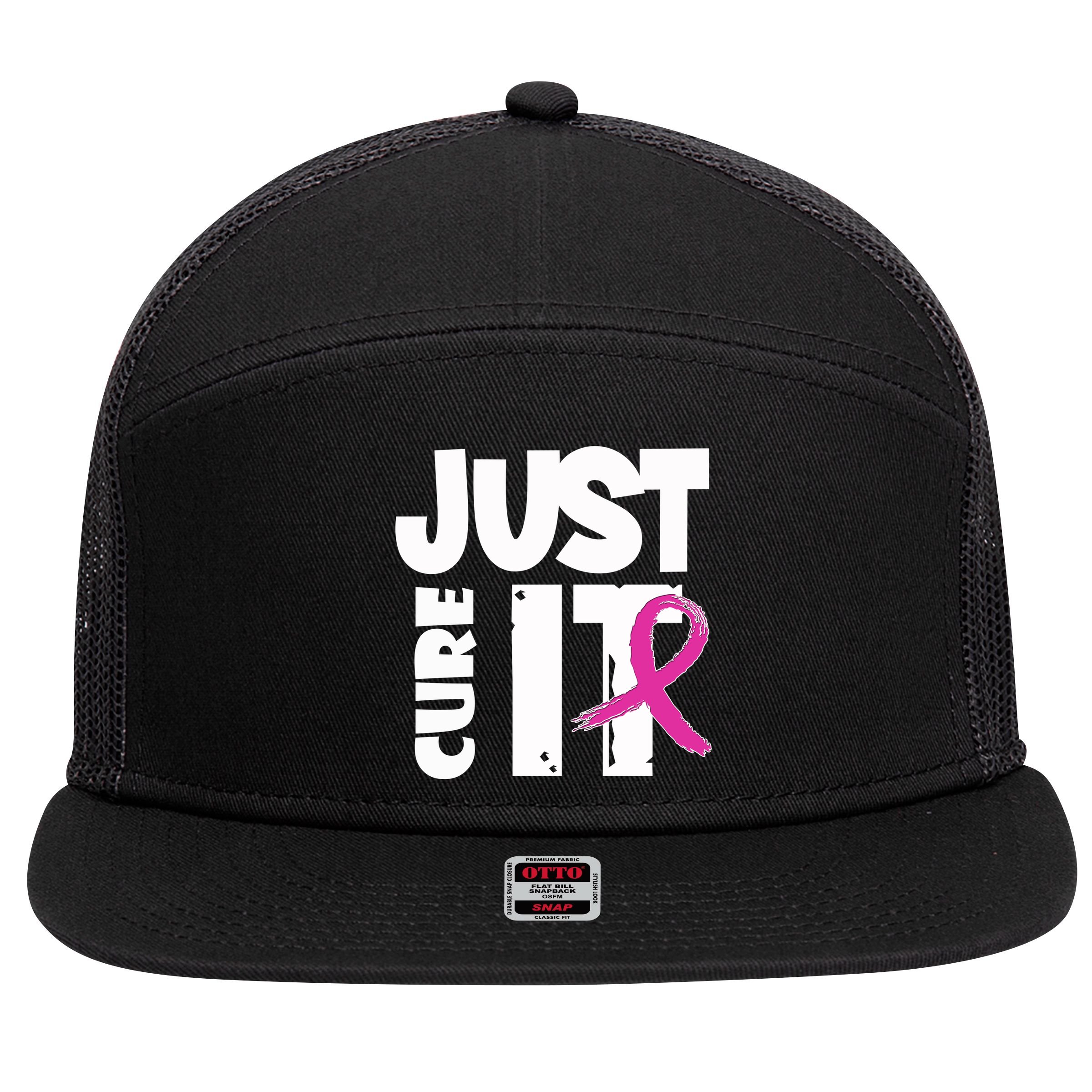 Just Cure It Breast Cancer Ribbon 7 Panel Mesh Trucker Snapback Hat
