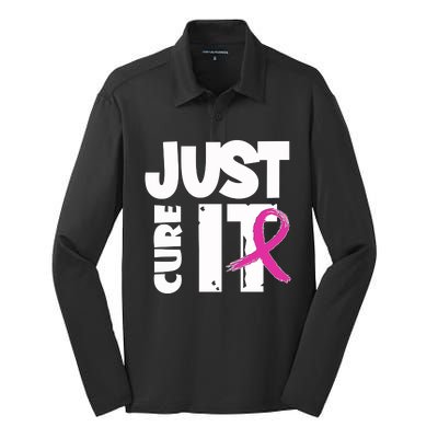 Just Cure It Breast Cancer Ribbon Silk Touch Performance Long Sleeve Polo