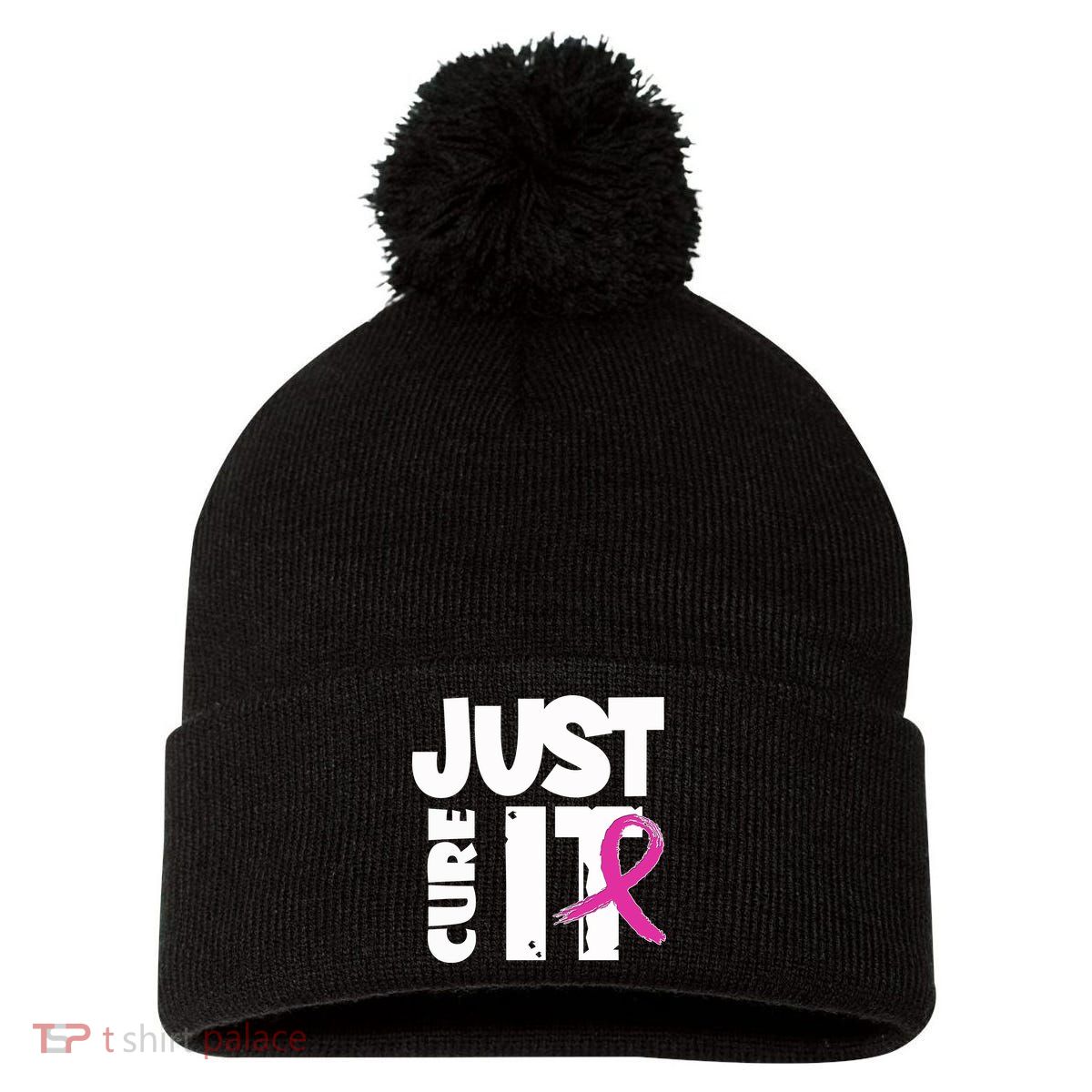 Just Cure It Breast Cancer Ribbon Pom Pom 12in Knit Beanie
