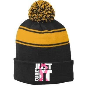 Just Cure It Breast Cancer Fighter Warrior Awareness Stripe Pom Pom Beanie