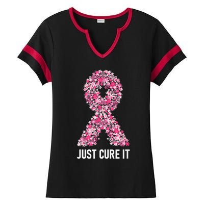 Just Cure It Pink Ribbon Breast Cancer Awareness Ladies Halftime Notch Neck Tee