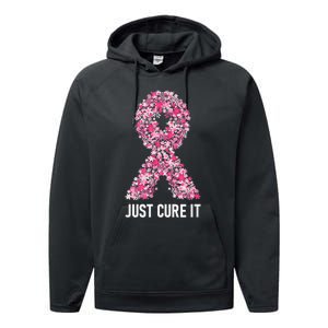 Just Cure It Pink Ribbon Breast Cancer Awareness Performance Fleece Hoodie