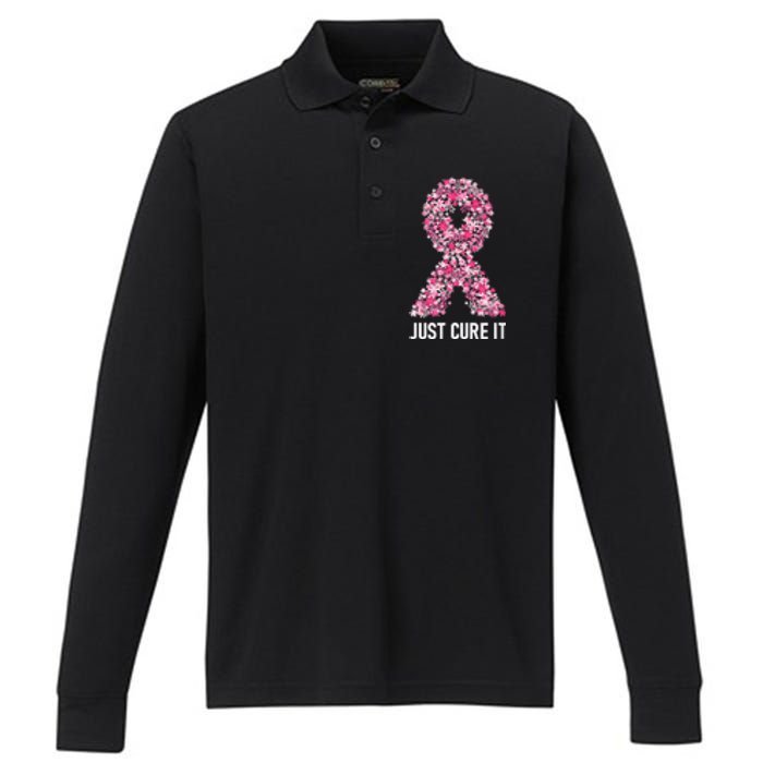 Just Cure It Pink Ribbon Breast Cancer Awareness Performance Long Sleeve Polo