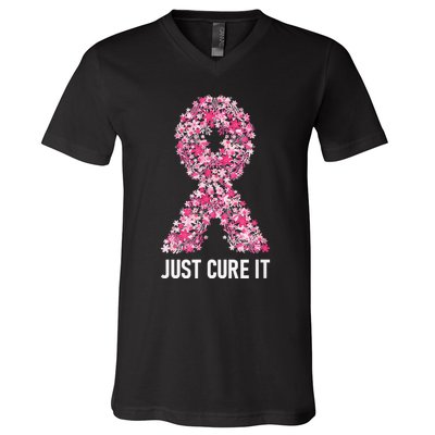 Just Cure It Pink Ribbon Breast Cancer Awareness V-Neck T-Shirt