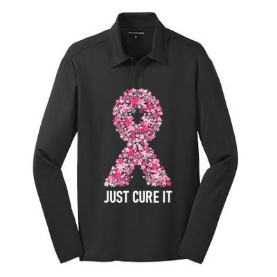 Just Cure It Pink Ribbon Breast Cancer Awareness Silk Touch Performance Long Sleeve Polo