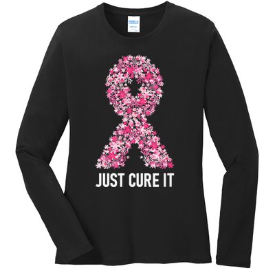 Just Cure It Pink Ribbon Breast Cancer Awareness Ladies Long Sleeve Shirt