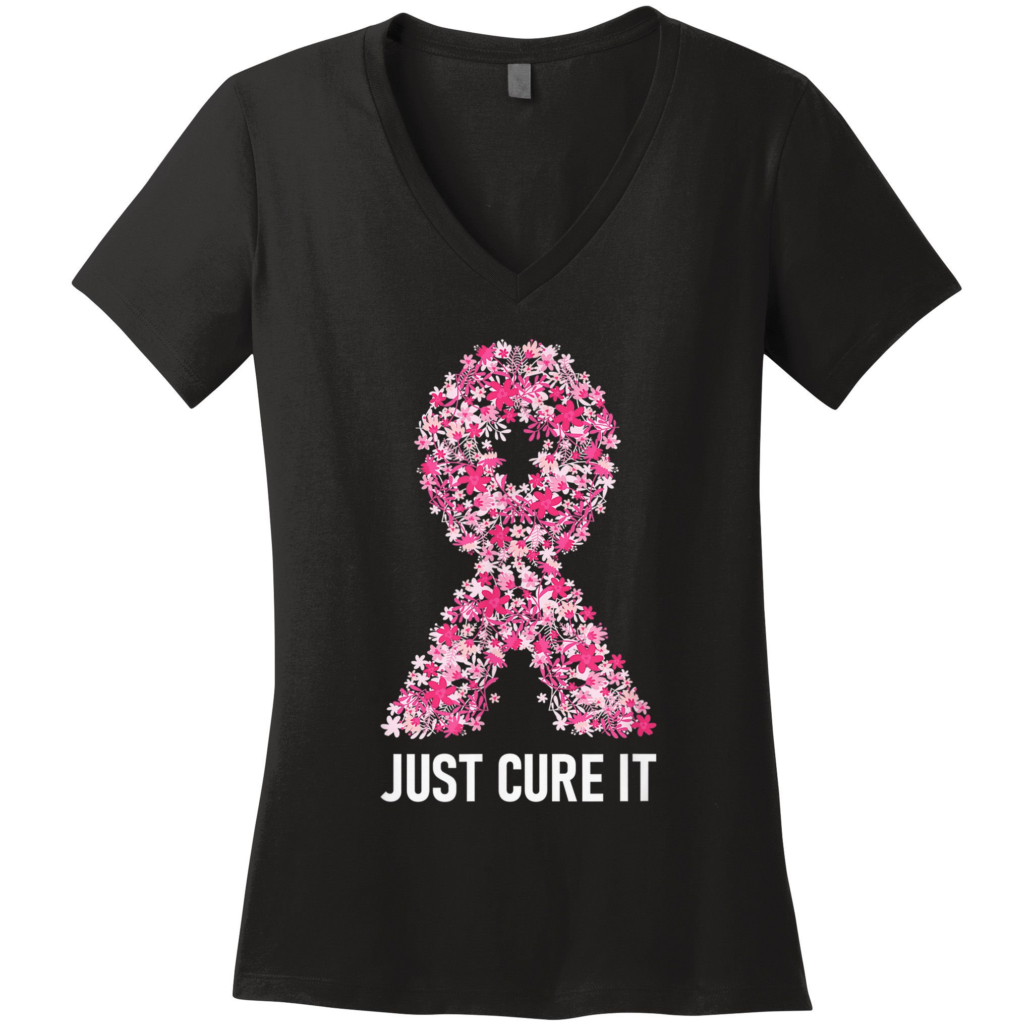 Just Cure It Pink Ribbon Breast Cancer Awareness Women's V-Neck T-Shirt