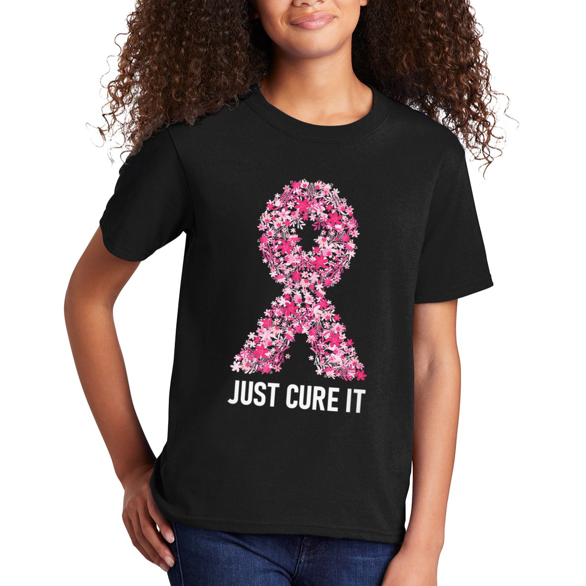 Just Cure It Pink Ribbon Breast Cancer Awareness Kids T-Shirt