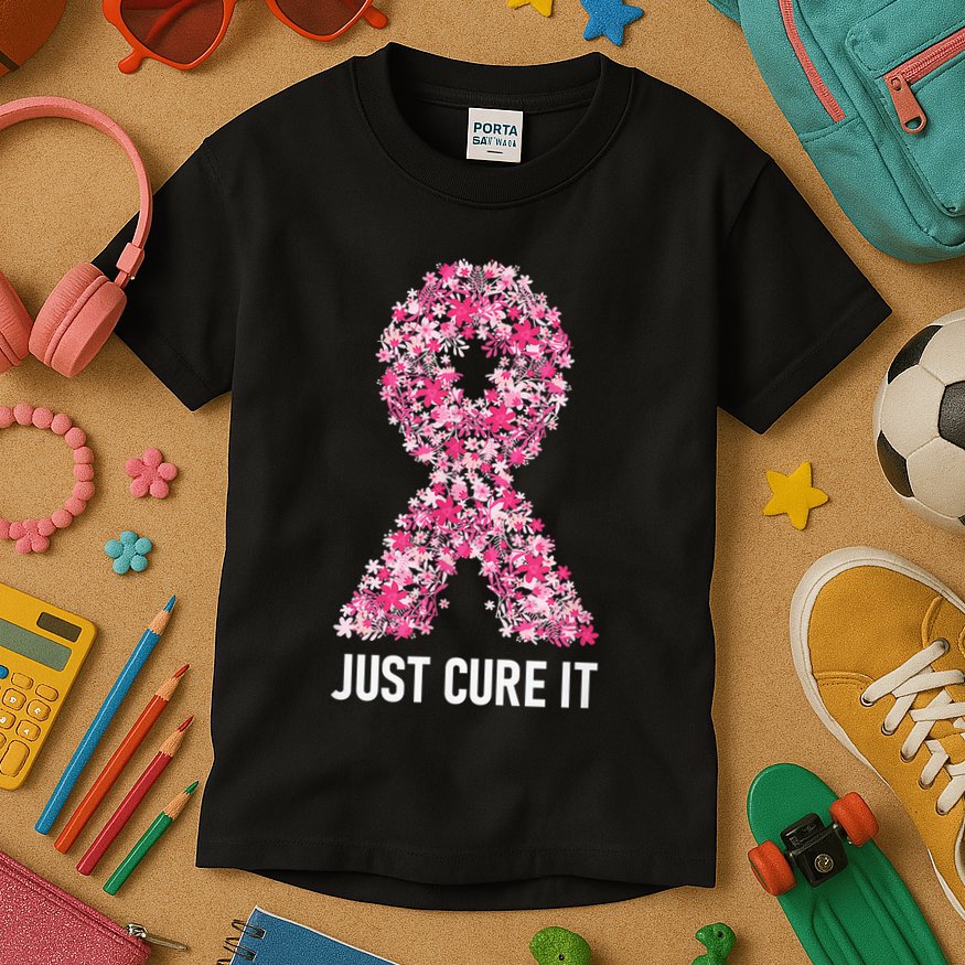 Just Cure It Pink Ribbon Breast Cancer Awareness Kids T-Shirt