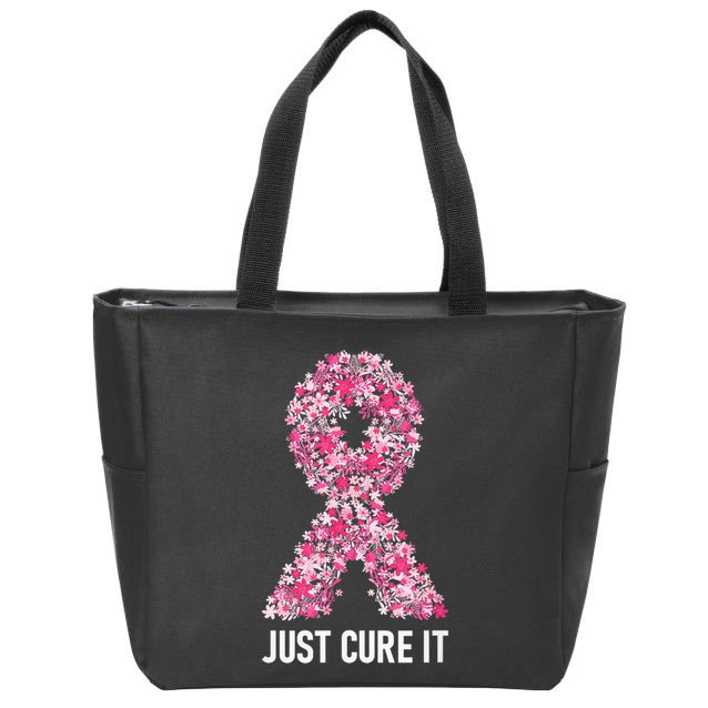Just Cure It Pink Ribbon Breast Cancer Awareness Zip Tote Bag