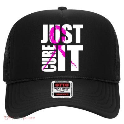 Just Cure It Breast Cancer Awareness Pink Ribbon High Crown Mesh Back Trucker Hat