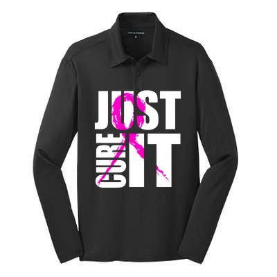 Just Cure It Breast Cancer Awareness Pink Ribbon Silk Touch Performance Long Sleeve Polo