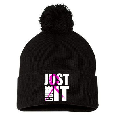 Just Cure It Breast Cancer Awareness Pink Ribbon Pom Pom 12in Knit Beanie