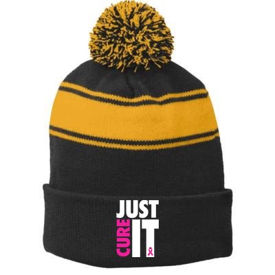 Just Cure It Breast Cancer Awareness Ribbon Stripe Pom Pom Beanie