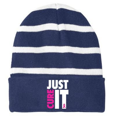 Just Cure It Breast Cancer Awareness Ribbon Striped Beanie with Solid Band