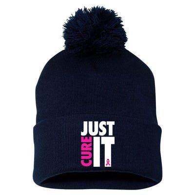 Just Cure It Breast Cancer Awareness Ribbon Pom Pom 12in Knit Beanie