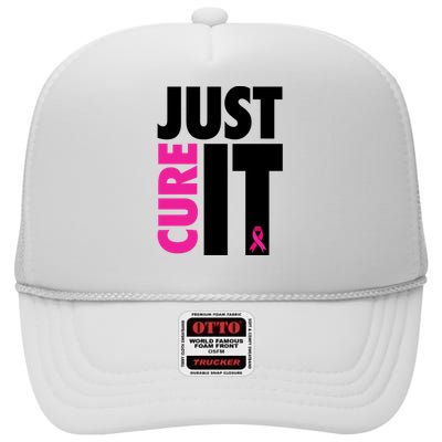 Just Cure It Breast Cancer Awareness Ribbon High Crown Mesh Back Trucker Hat